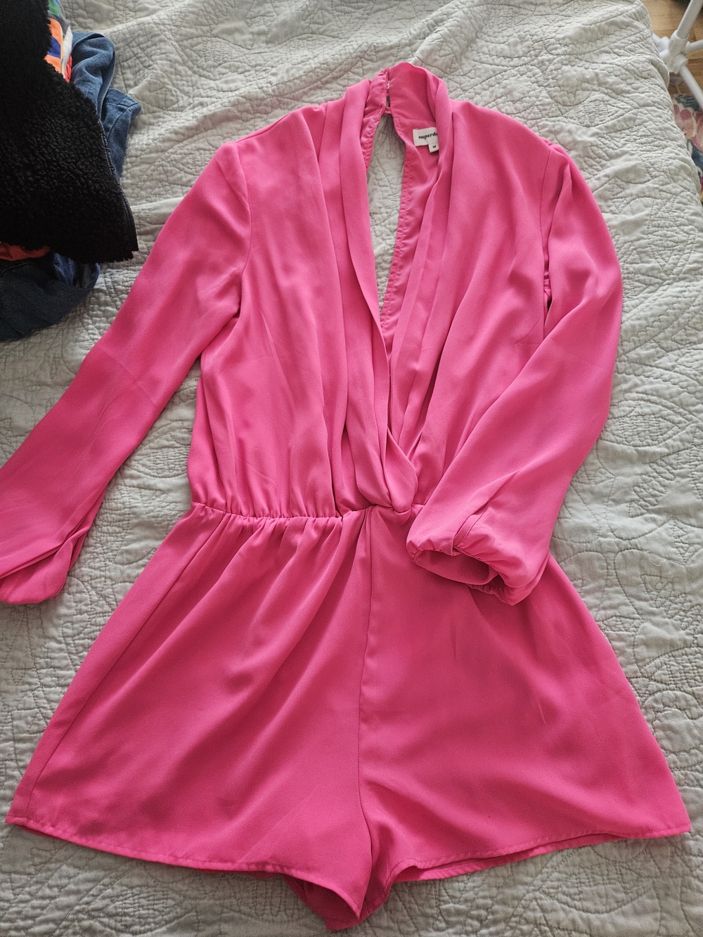 Hot Pink Long-Sleeve Surplice Romper